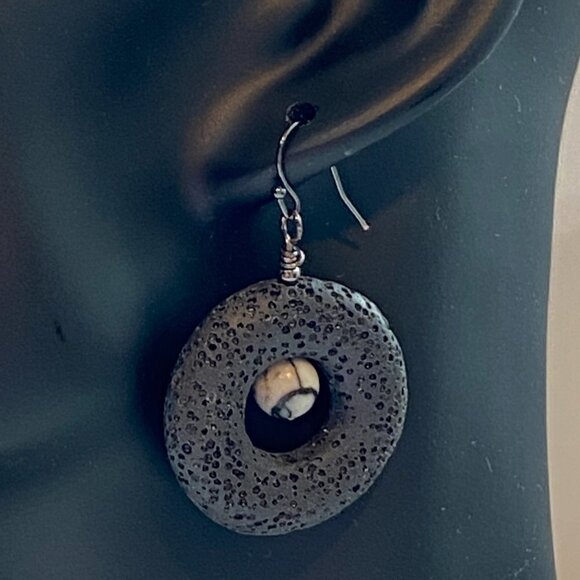 Black Lava & Spider Web Jasper Donut Earrings - Picture 4 of 10